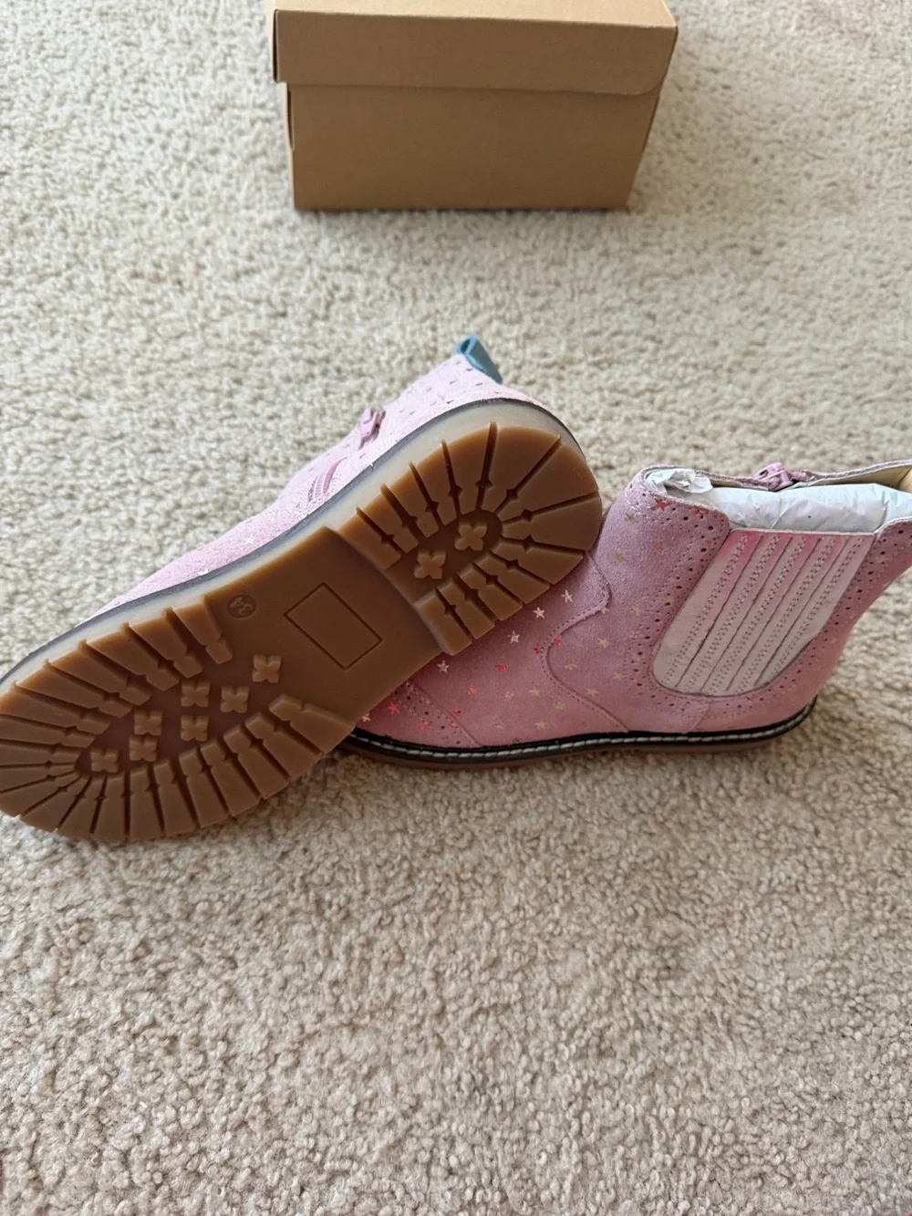 Mini Boden Pink Star Chelsea Boot with Teal Pull Tab